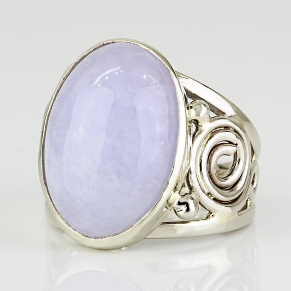 Vintage 14k Yellow Gold Oval Cabochon Lavender Jade Anniversary Scroll Ring - Picture 1 of 7